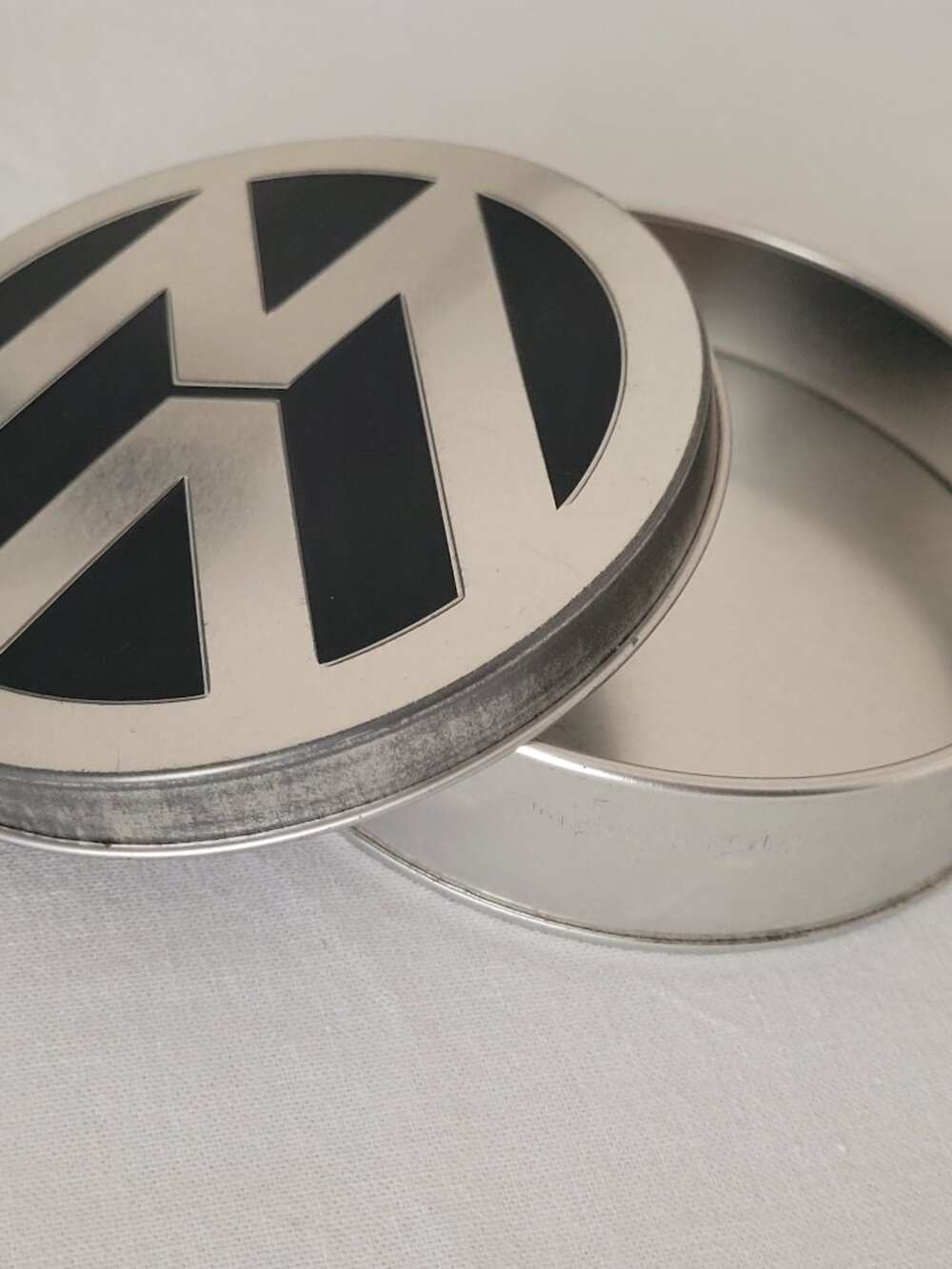 VW Volkswagen Tin Metal Round Trinket Container Silver & Black